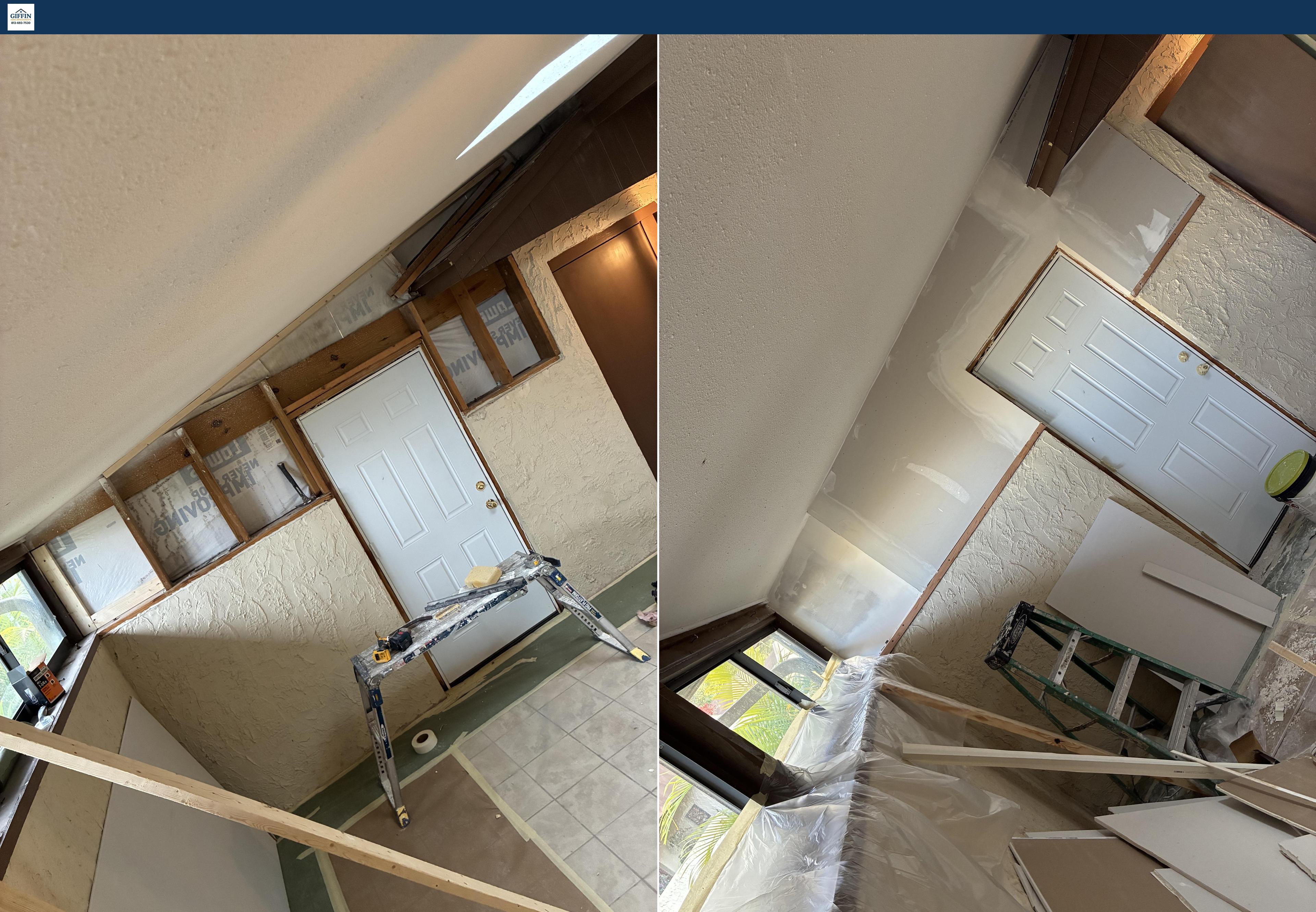 Ceiling drywall repair in progress and completed