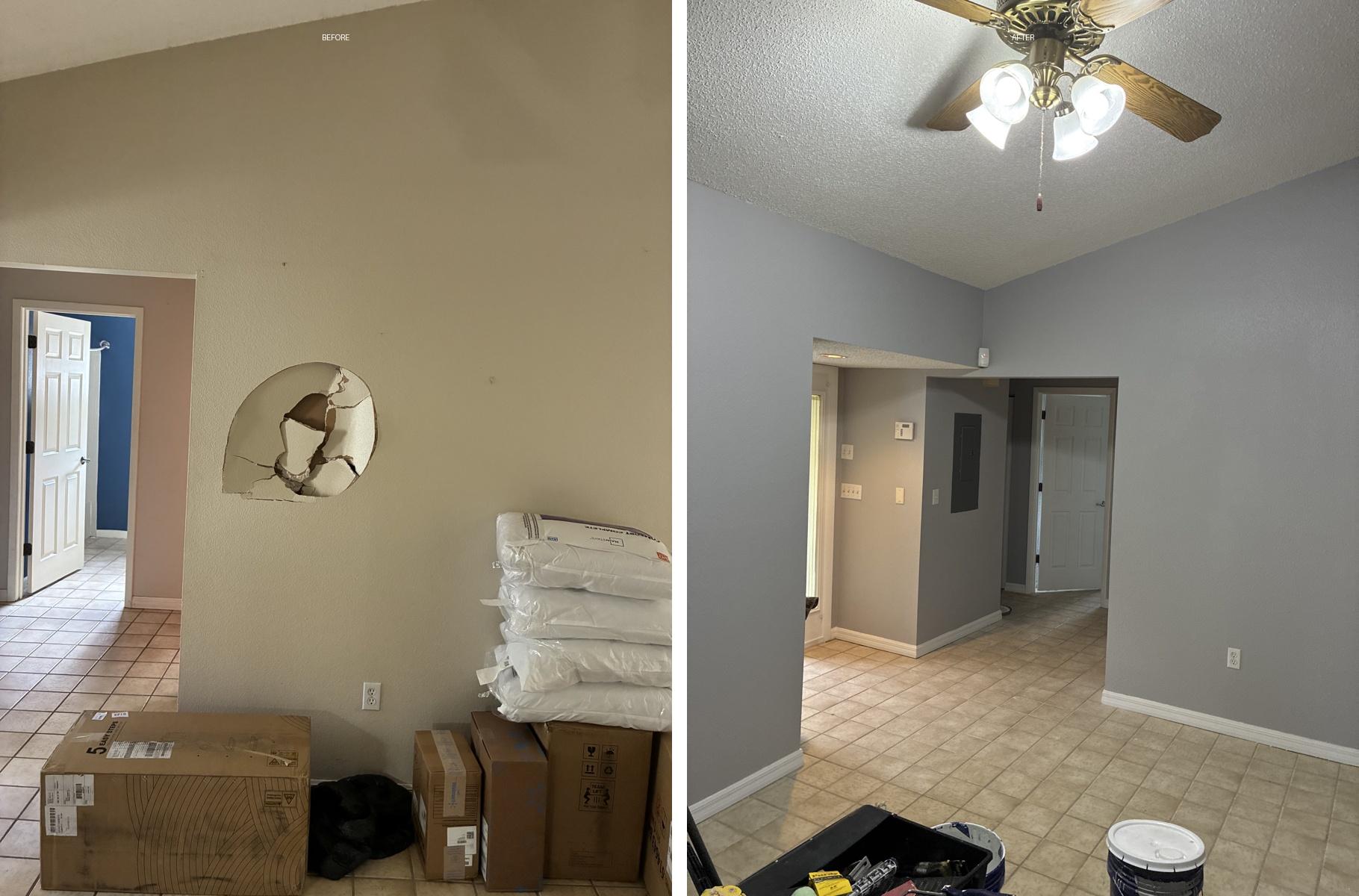 Large drywall hole repaired and room repainted