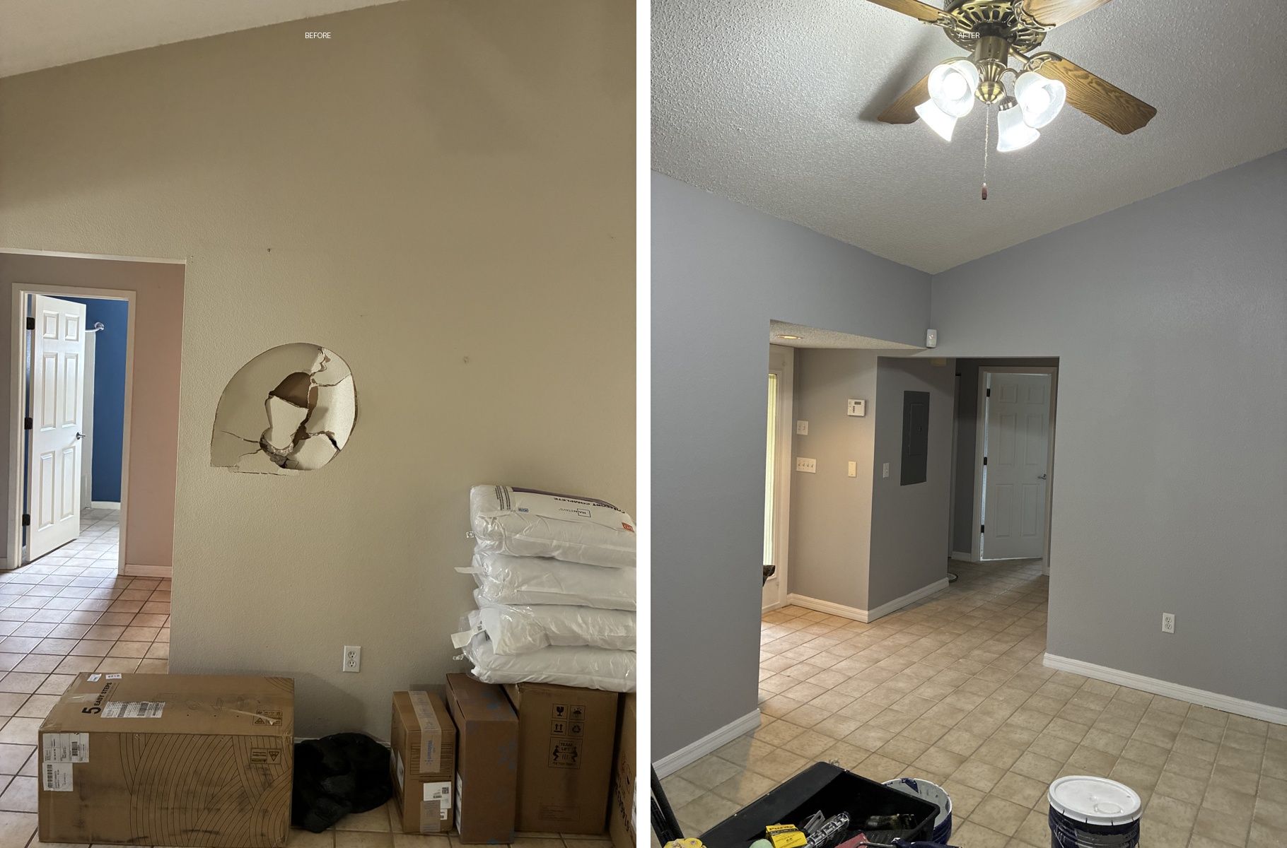 Drywall hole repair before and after by Giffin Home Improvements