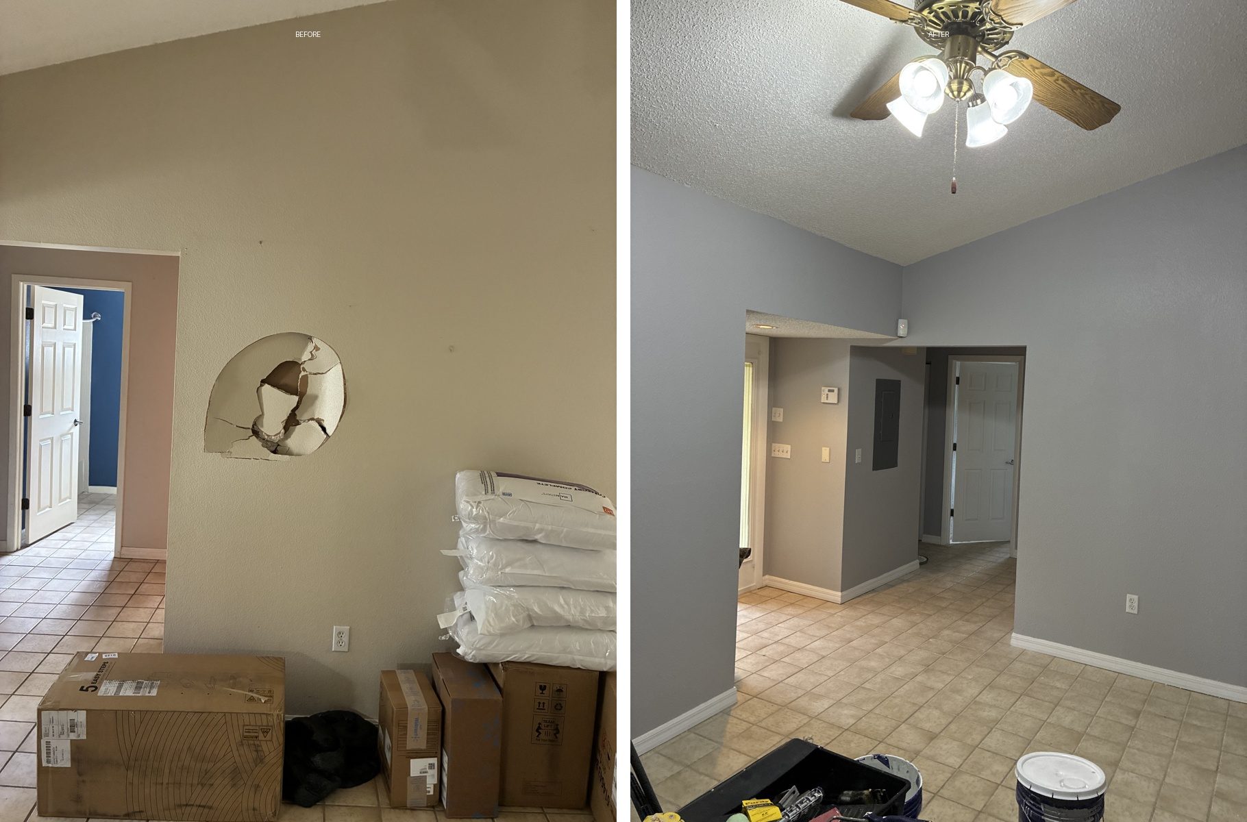 A damaged wall with a large hole, and the same wall after repair, patching and repainting
